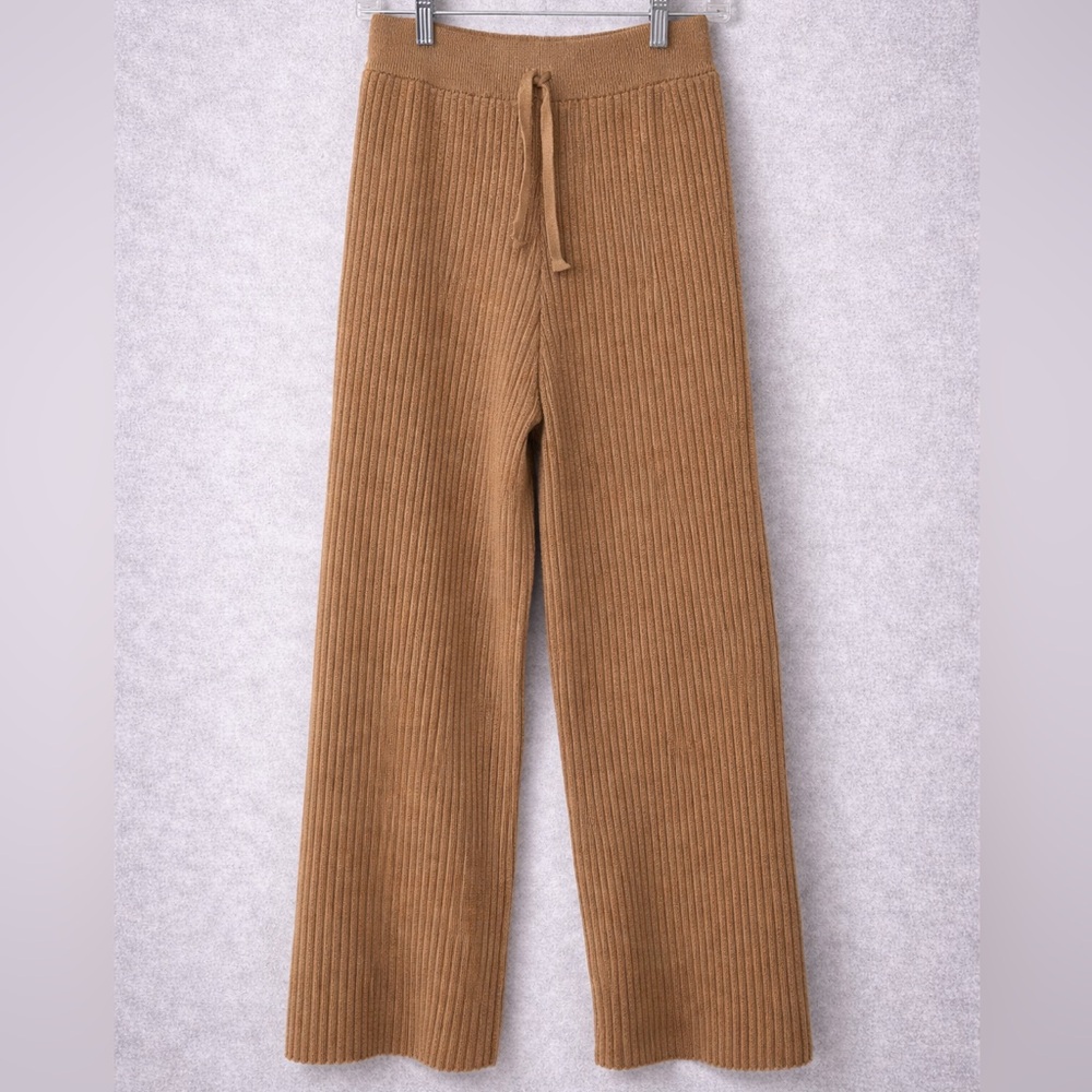 Ribbed Knit Pants Neutral Brown Wide Leg Cozy